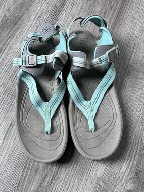 Keen Terradora II 2 Toe Post Hiking Sandals Light Gray Ocean Wave Teal Womens 10